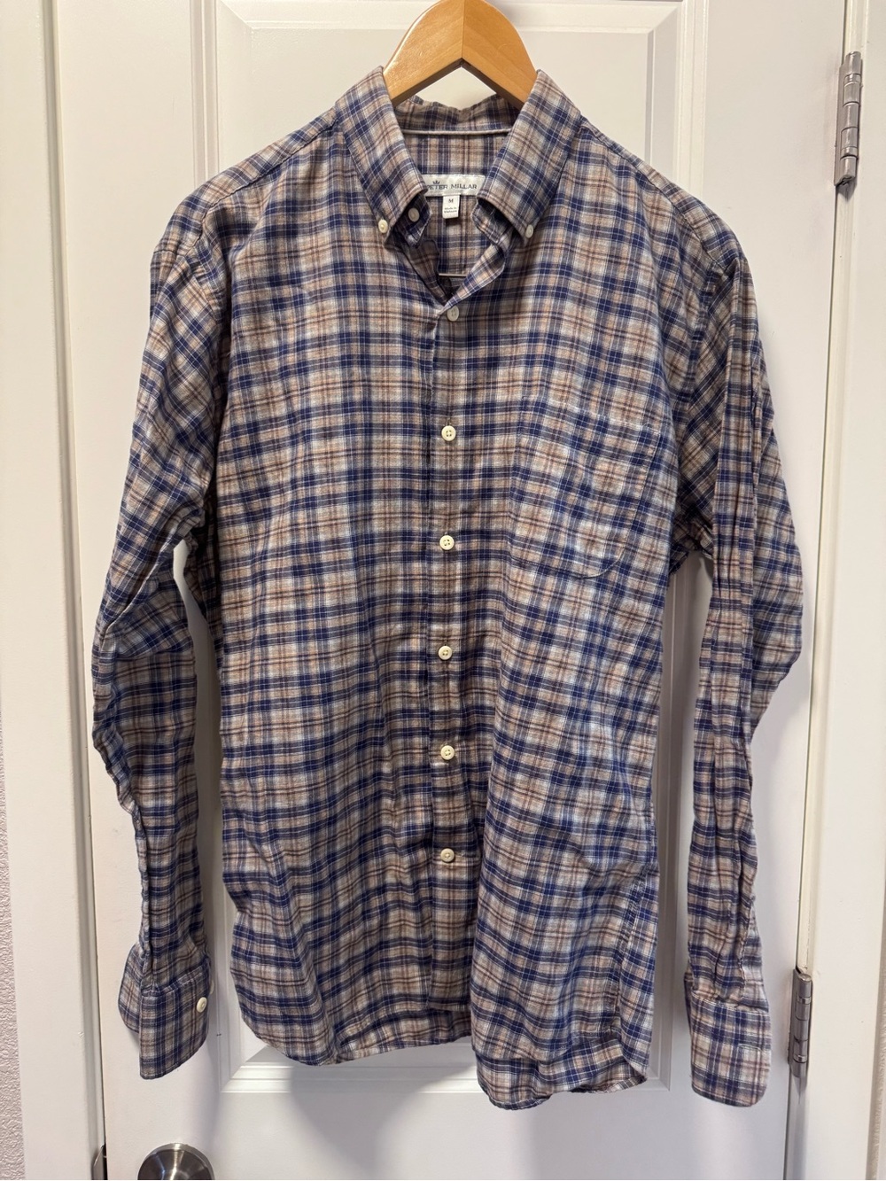 Peter Millar Blue and Tan Plaid Long-Sleeve Button-Down Shirt size M